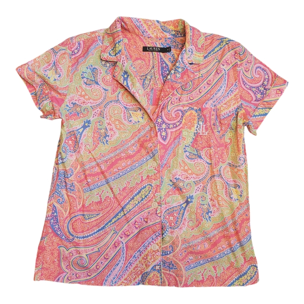 Ralph Lauren Pajama Top Pink Paisley Short Sleeve Sleep Shirt Medium
